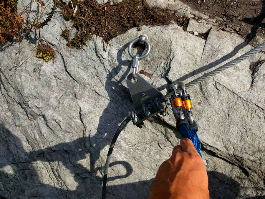 Anclaje de seguridad -con el mosquetón adecuado no sale de la línea de vida- 