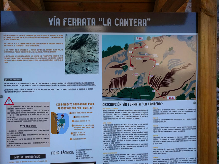 Cartel informativo de la vía ferrata de la Cantera 