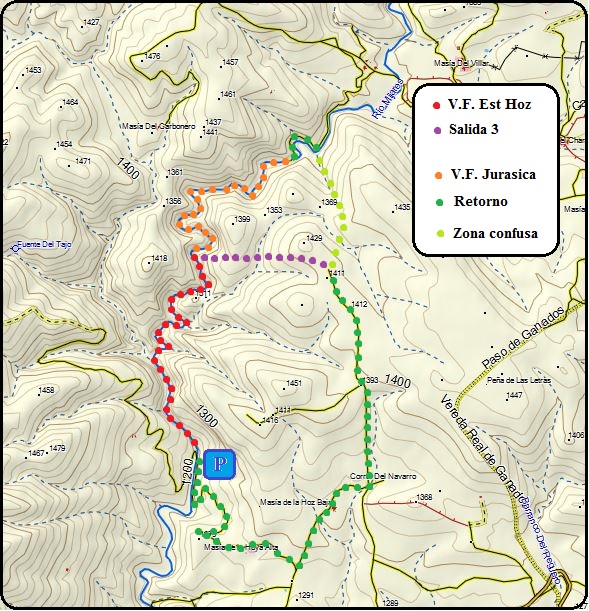Croquis del encadenamiento de la vía ferrata Estrechos de la Hoz y de la vía ferrata Jurásica 