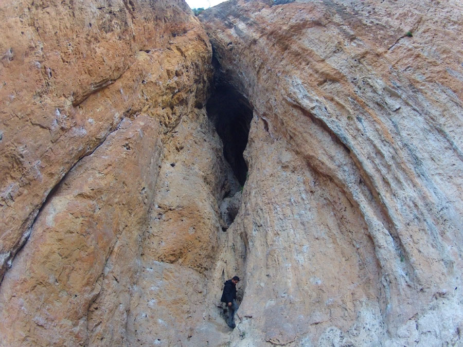 Vista de la entrada de la cueva de la Selva y sus vías de escalada 