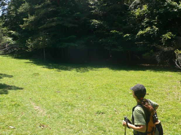 Llegamos al prado del Joc de la Pilota - a la derecha bajo el Hayedo veremos las fitas de piedras blancas - 